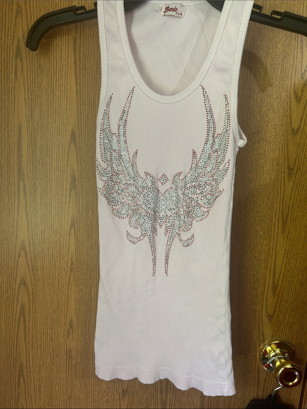 Y2K McBling Pink Ribbed Tank Top with Rhinestone Heart Wing Design